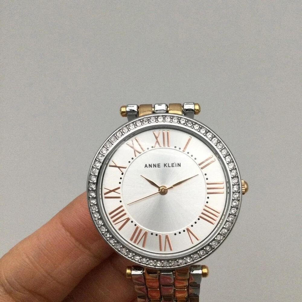 Anne Klein Womens Watch 34mm Silver Two Tone Crystals AK/2251 New Battery 7.75
